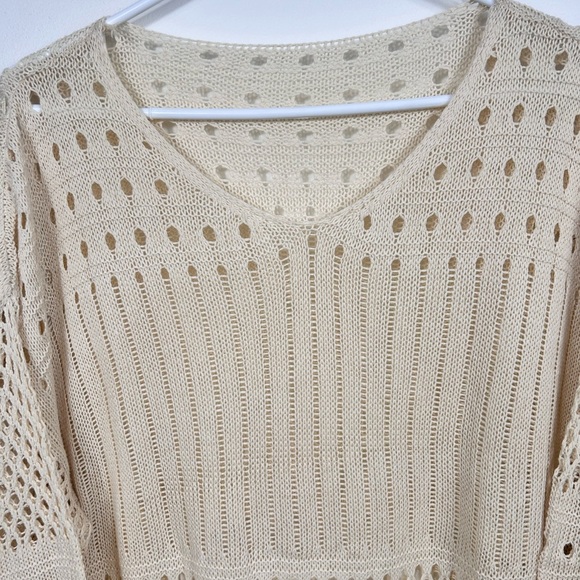 Knit lace cream crochet vneck summer sweater, L, long, Boho Hippie Beach Vibe - Picture 2 of 6